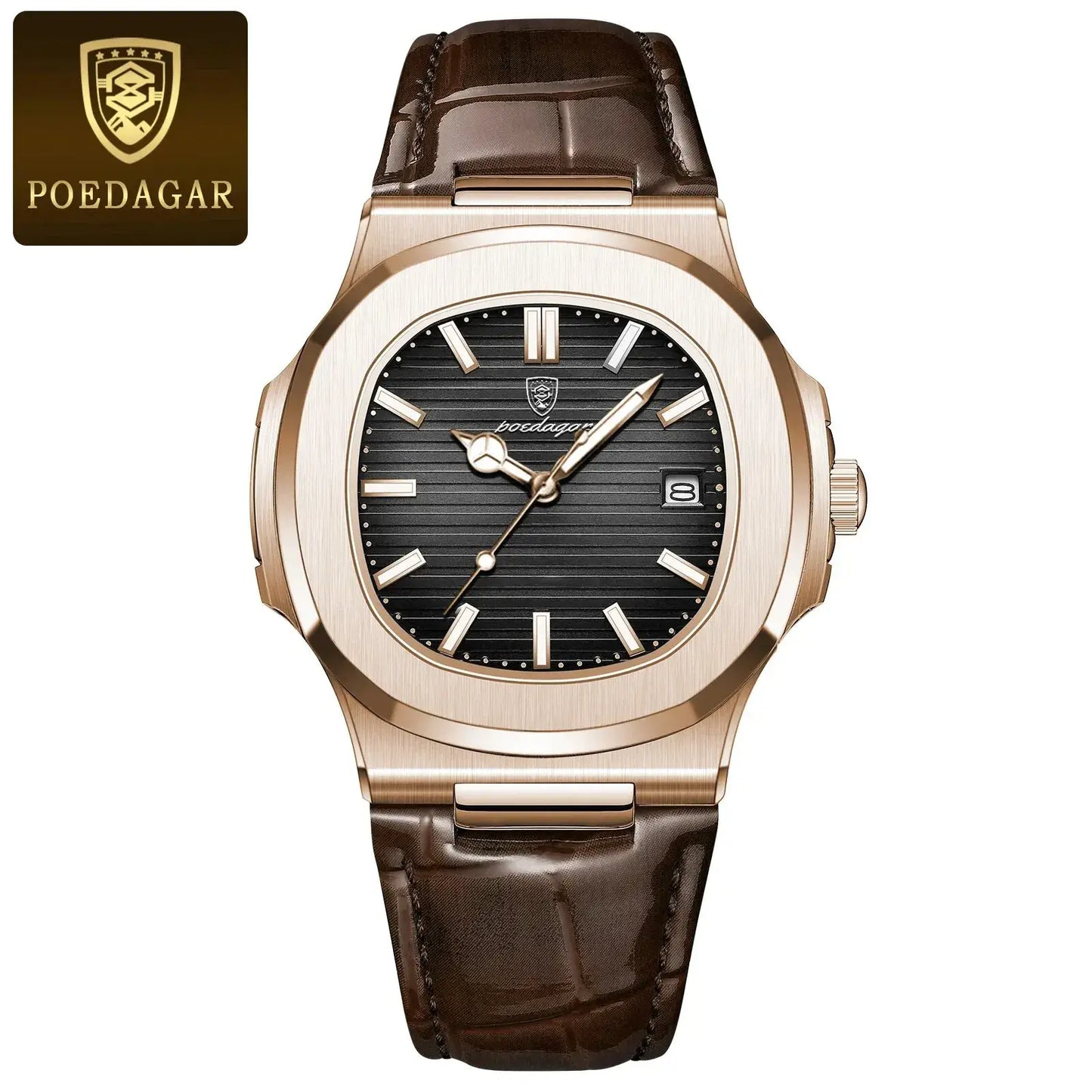 POEDAGAR luxury square men's watch with leather strap, date feature, and luminous dial, waterproof design.