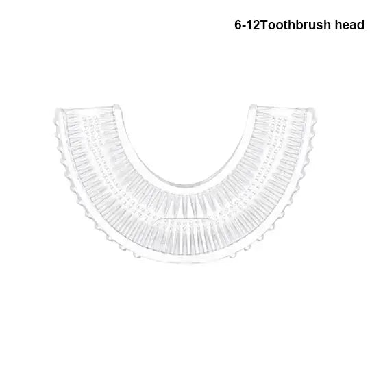 U-shaped toothbrush head for kids aged 6-12, made of transparent material for effective teeth cleaning.