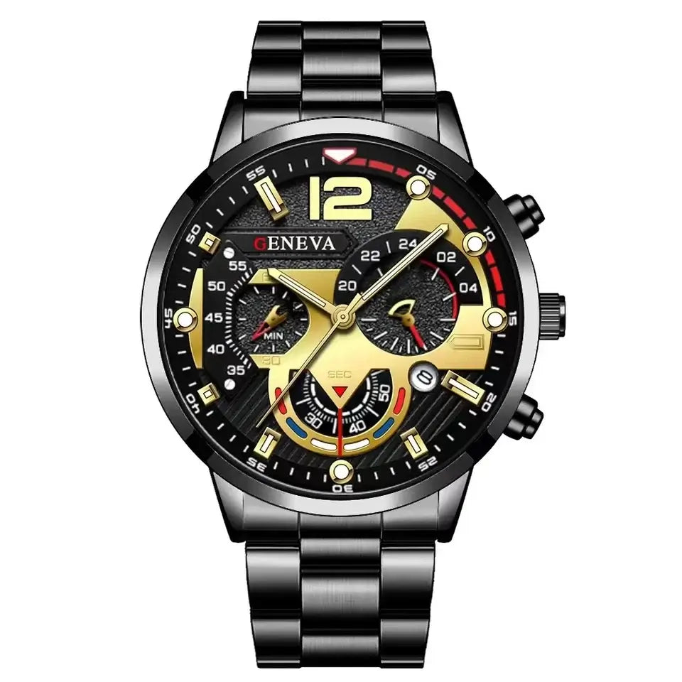 Luxury mens stainless steel quartz wristwatch with luminous clock and calendar features in black and gold design.