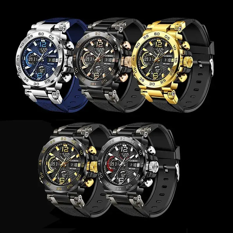 Variety of FOXBOX men’s diver watches in silver, blue, black, and gold, featuring sport and chronograph designs.