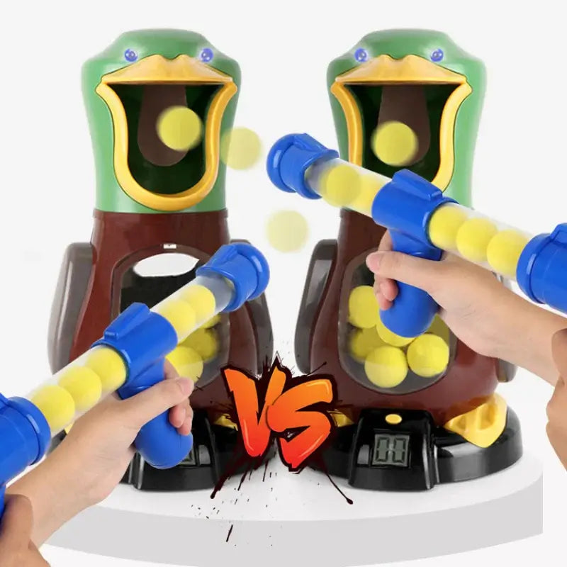 Two colorful duck shooting game toys with players aiming soft foam balls, featuring electronic scoreboard for competitive fun.
