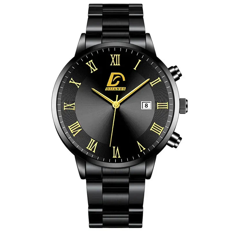 Elegant black stainless steel watch with gold accents, quartz movement, and complete calendar feature for men.