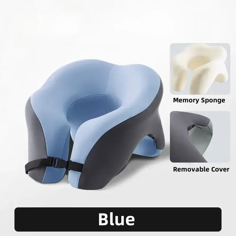 Blue portable U-shaped neck pillow with memory sponge and removable cover for travel comfort.