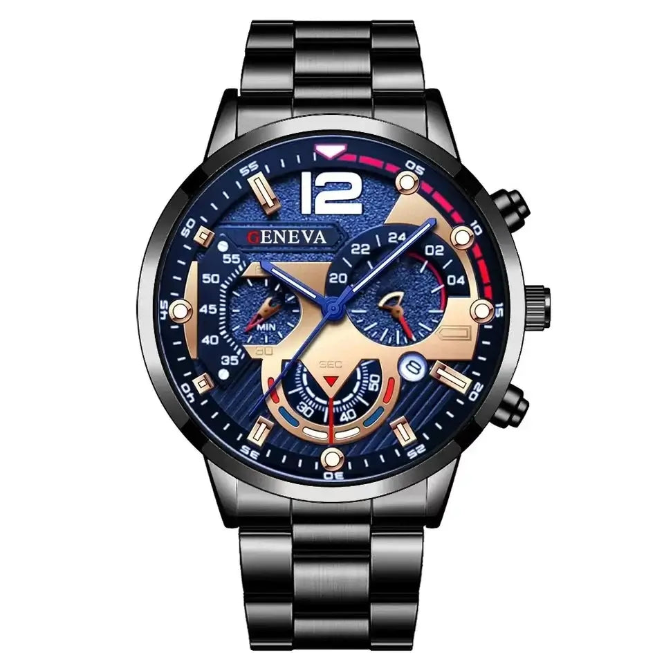 Luxury stainless steel quartz watch for men with luminous clock and calendar features, stylish business casual design.