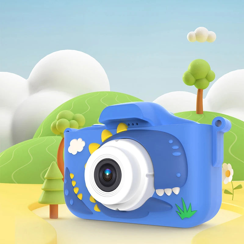 Kid mini camera in blue with dinosaur design, set in a colorful landscape, perfect for fun photography for toddlers.