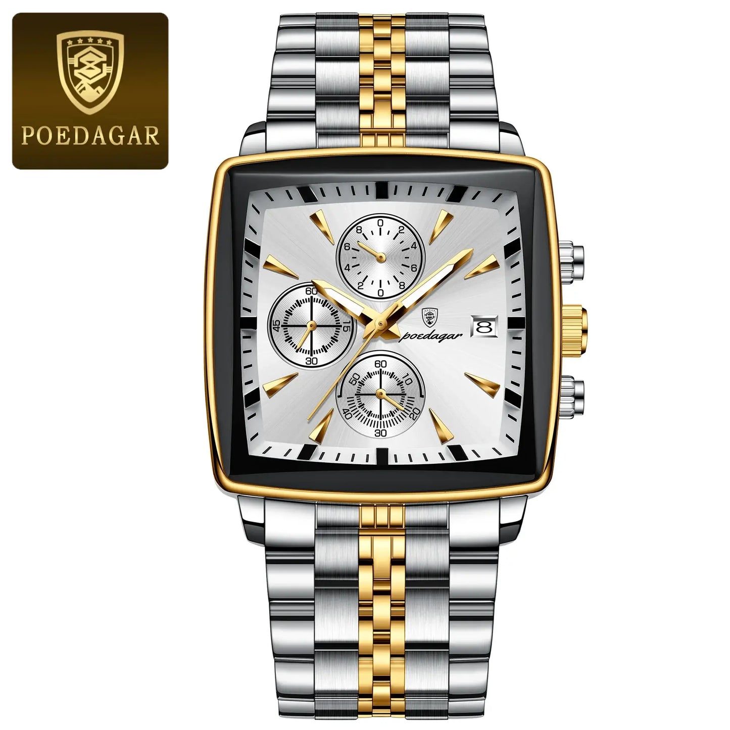 POEDAGAR luxury square men's wristwatch with luminous chronograph, stainless steel, and gold accents, waterproof design.