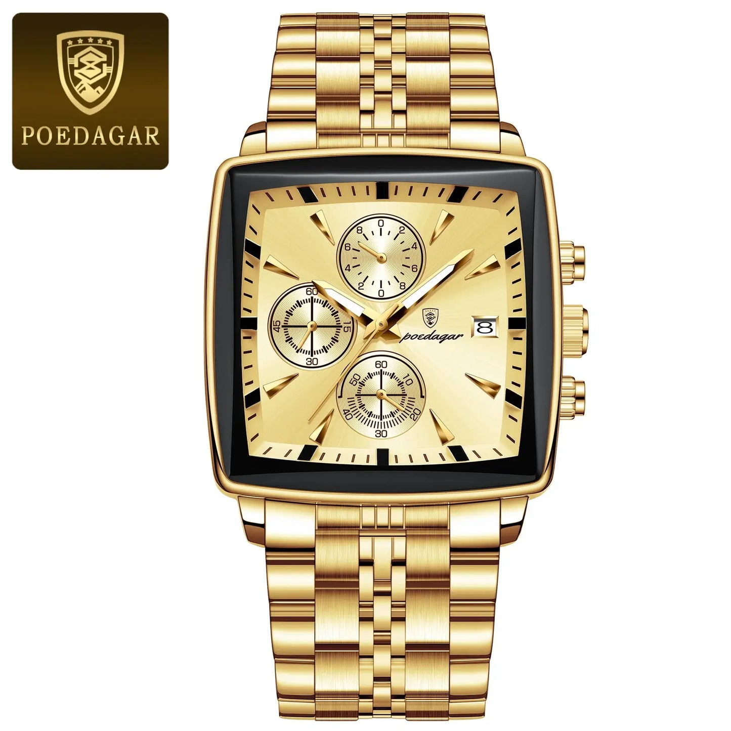 POEDAGAR luxury square gold chronograph wristwatch with stainless steel band and luminous display.