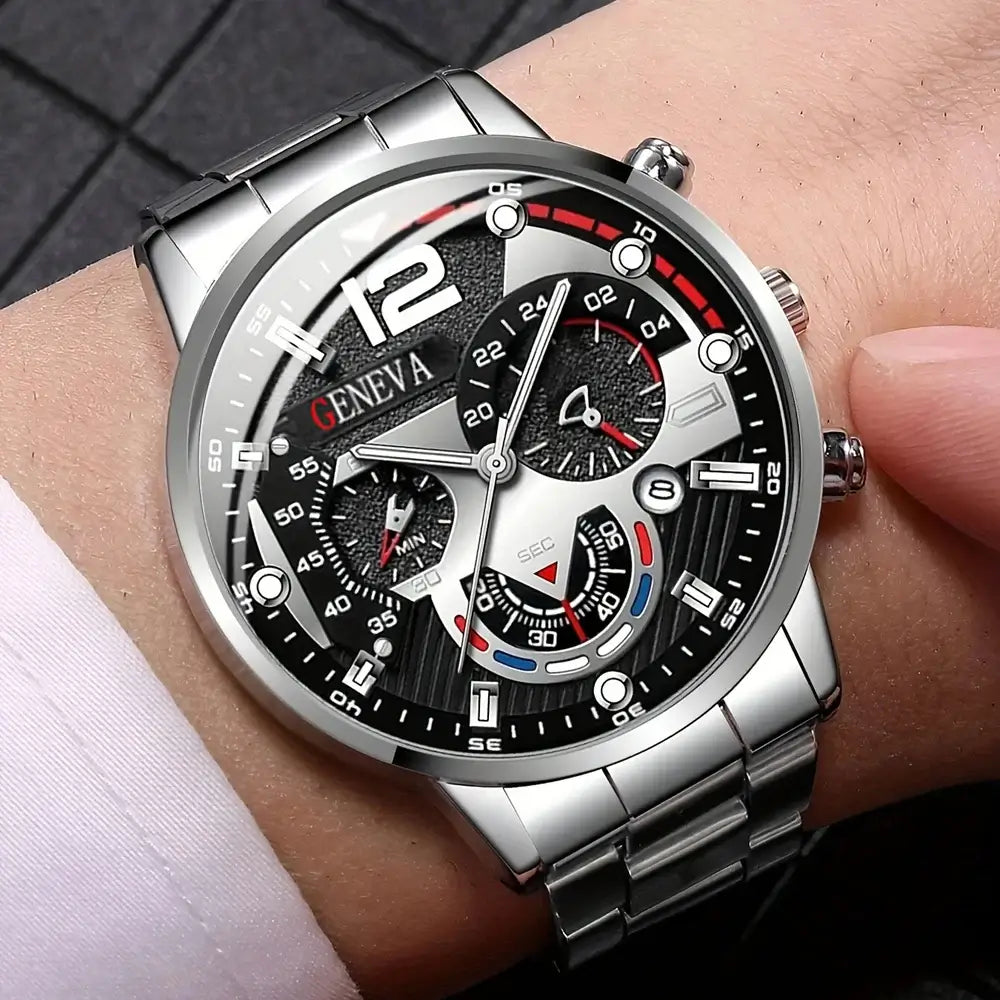 Stylish luxury stainless steel quartz watch on wrist, featuring black dial and chronograph functions, perfect for business wear.