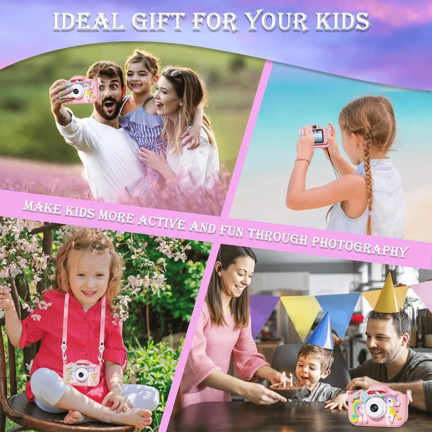 Kids enjoying photography with fun cartoon camera at a birthday party and outdoor activities, promoting creativity and joy.