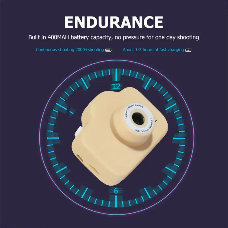Kids digital camera showing endurance features with 400mAh battery for extended shooting time and fast charging indicator.