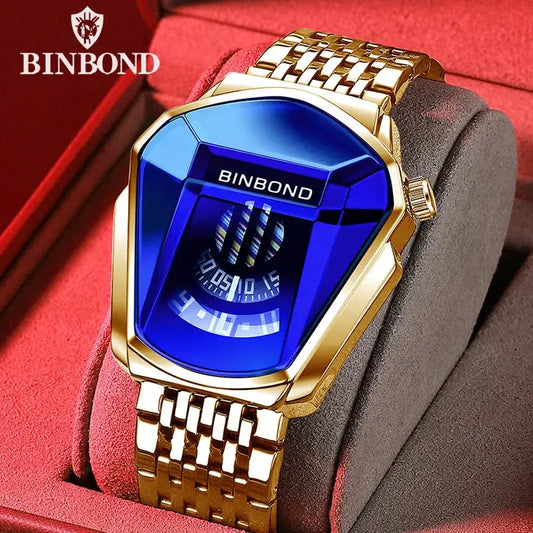 BINBOND luxury men's wrist watch with blue crystal face, gold stainless steel band, and modern design in display box.