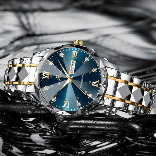 Luxury men's watch with blue dial, gold accents, and stainless steel band, featuring quartz movement and double calendar display.