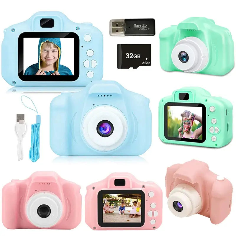 Kids camera toys in blue, green, and pink with LCD screens, USB cable, microSD card, ideal for outdoor photography and Christmas gifts.
