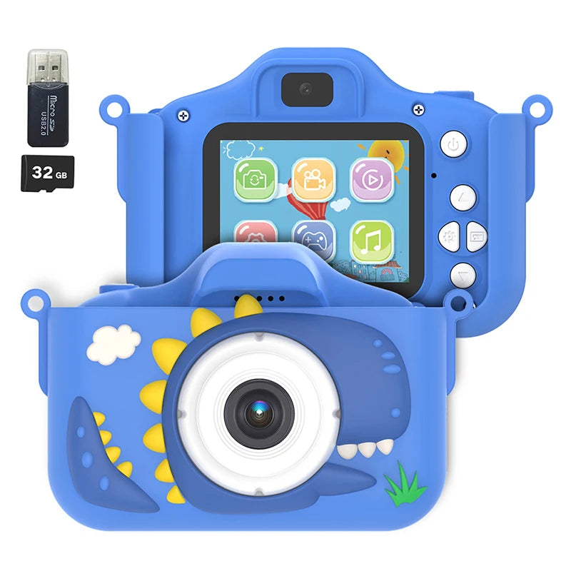 Kid-friendly 1080P HD cartoon dinosaur camera with 32GB SD card for toddler photography fun.