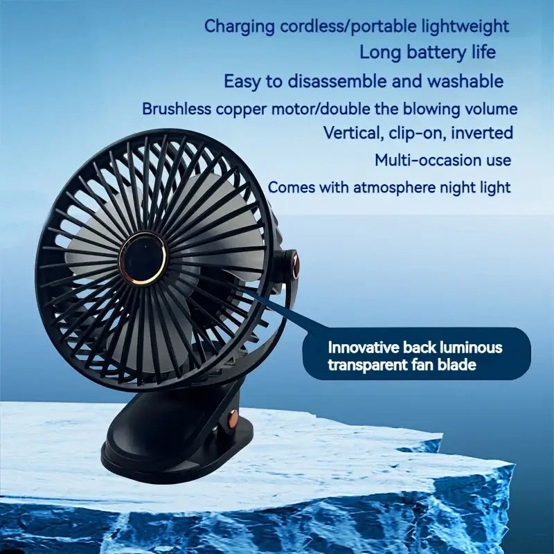 360° rotatable clip-on fan with LED light, rechargeable, quiet 5-speed operation, perfect for home and travel
