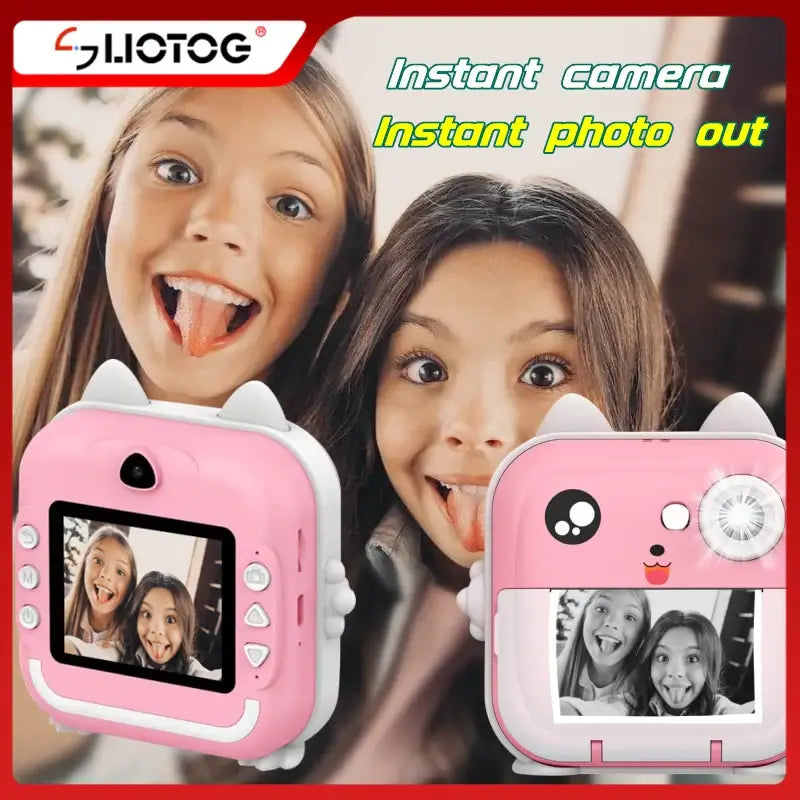 Cute pink children's digital camera with instant print feature, showcasing kids taking photos and printed photo output. Perfect for gifts.