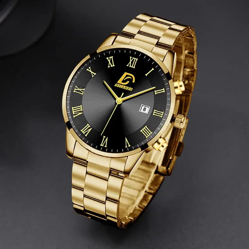 Luxury gold stainless steel quartz watch with black dial and Roman numerals, featuring a complete calendar and stylish design.