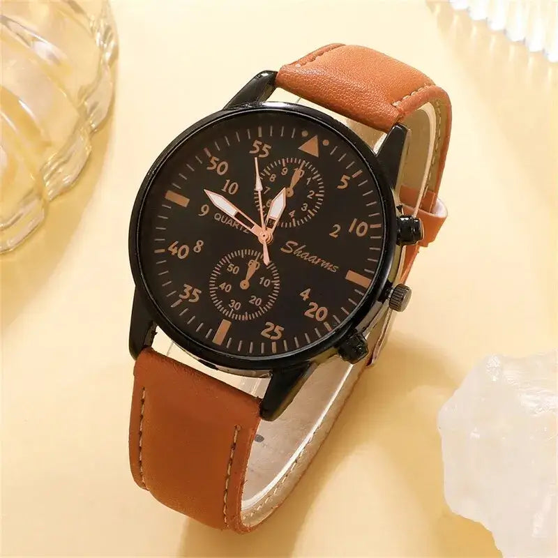 Luxury quartz wristwatch with brown leather band and black dial, perfect for fashion and business style.