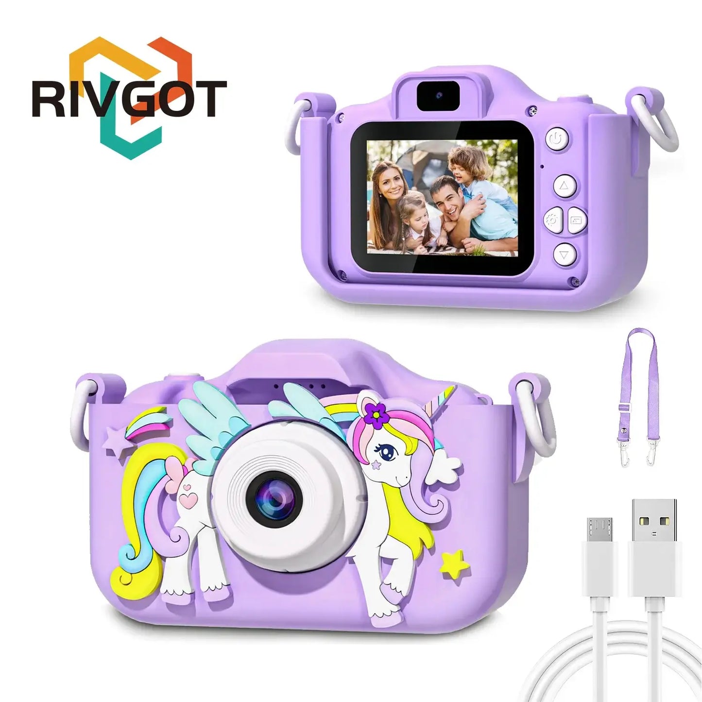 Kids mini camera with unicorn design, 1080P HD, 2-inch screen, and silicone case. Perfect birthday gift for girls and boys.