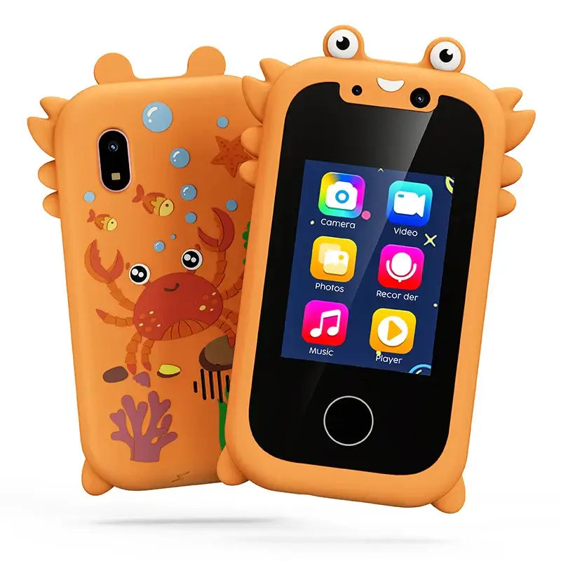 Kids smart phone toy with crab design, featuring touch screen and colorful icons for learning and fun activities.