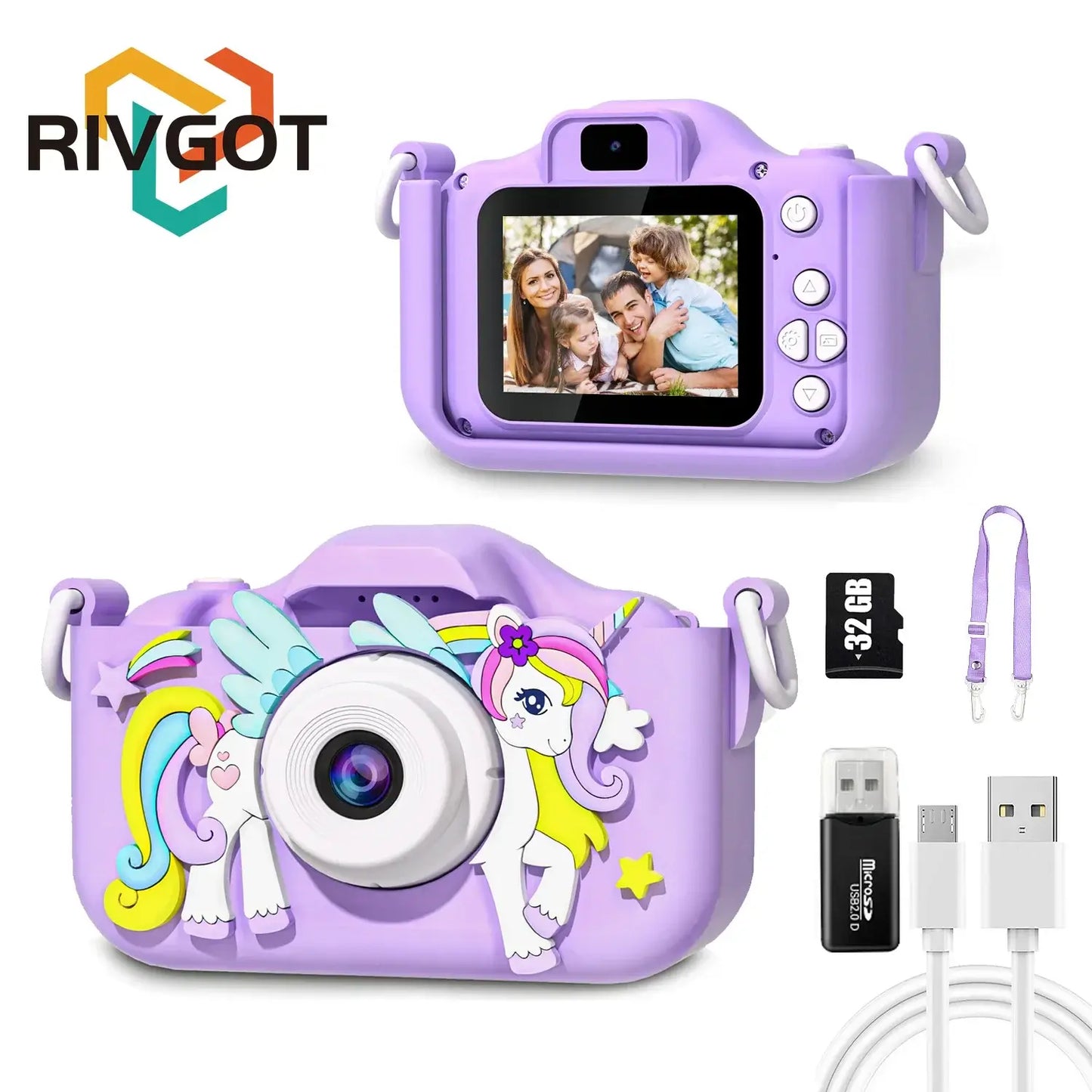 Kids mini camera with unicorn design, 1080P HD, 2-inch screen, silicone case, perfect for girls and boys birthday gifts.