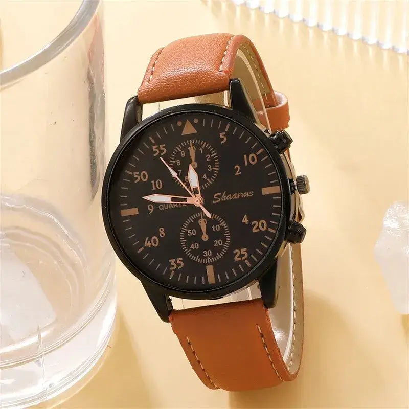 Luxury brown leather quartz wristwatch with black dial, featuring stylish design and precise timekeeping.