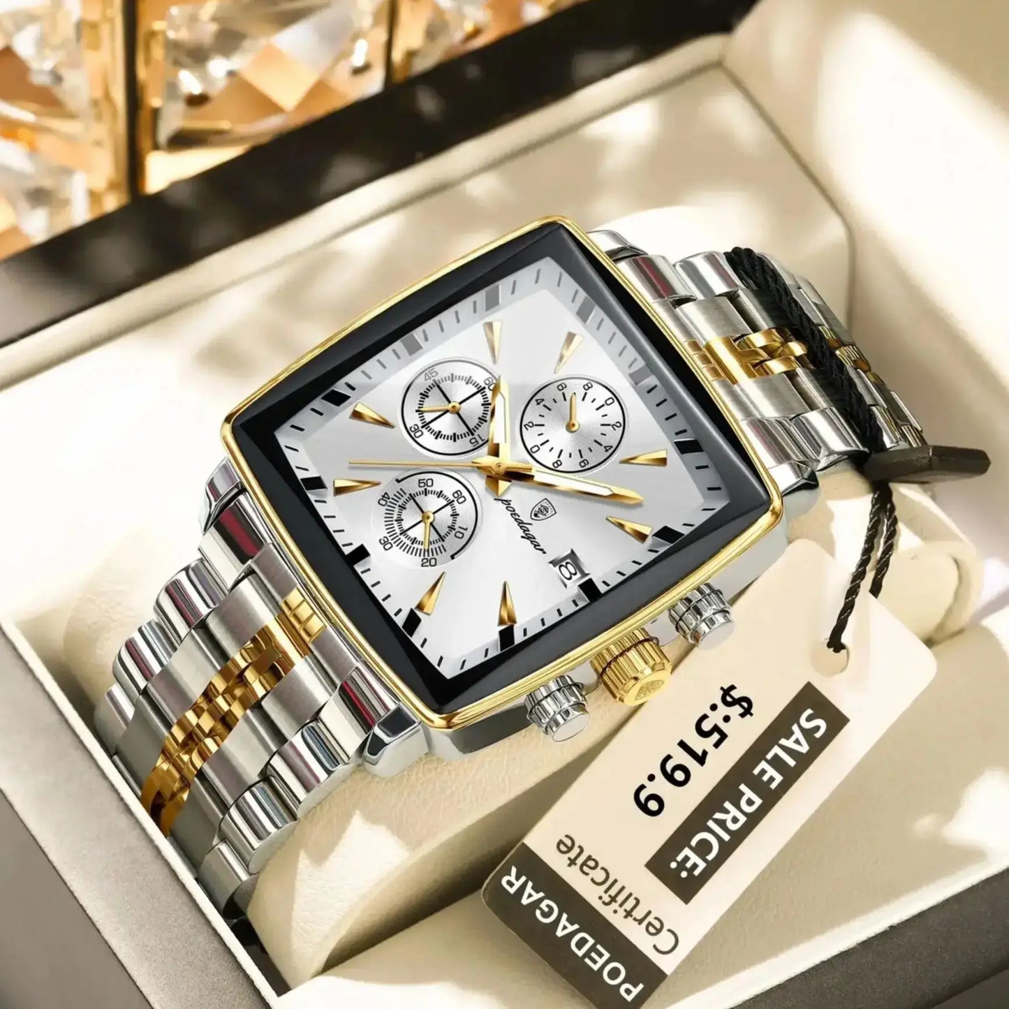 POEDAGAR luxury square sport wristwatch with chronograph, waterproof features, and stainless steel band in elegant packaging.