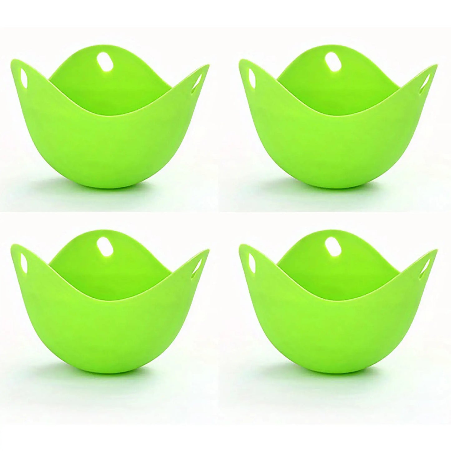 Green silicone egg poacher cups for cooking eggs in microwave, air fryer, or stovetop.