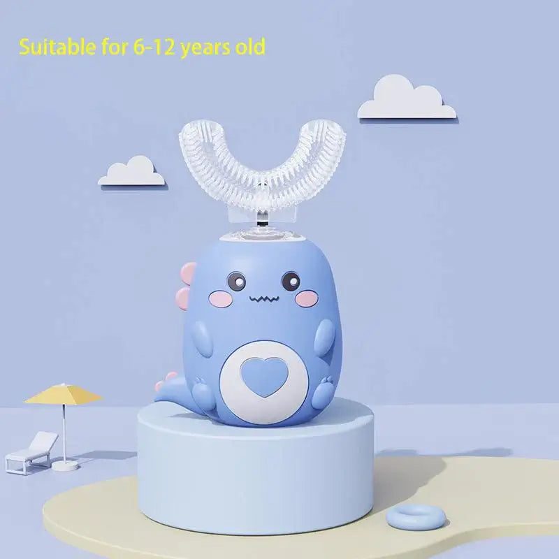 Kids U-shaped Sonic Electric Toothbrush in blue for ages 6-12, featuring a cute cartoon design.