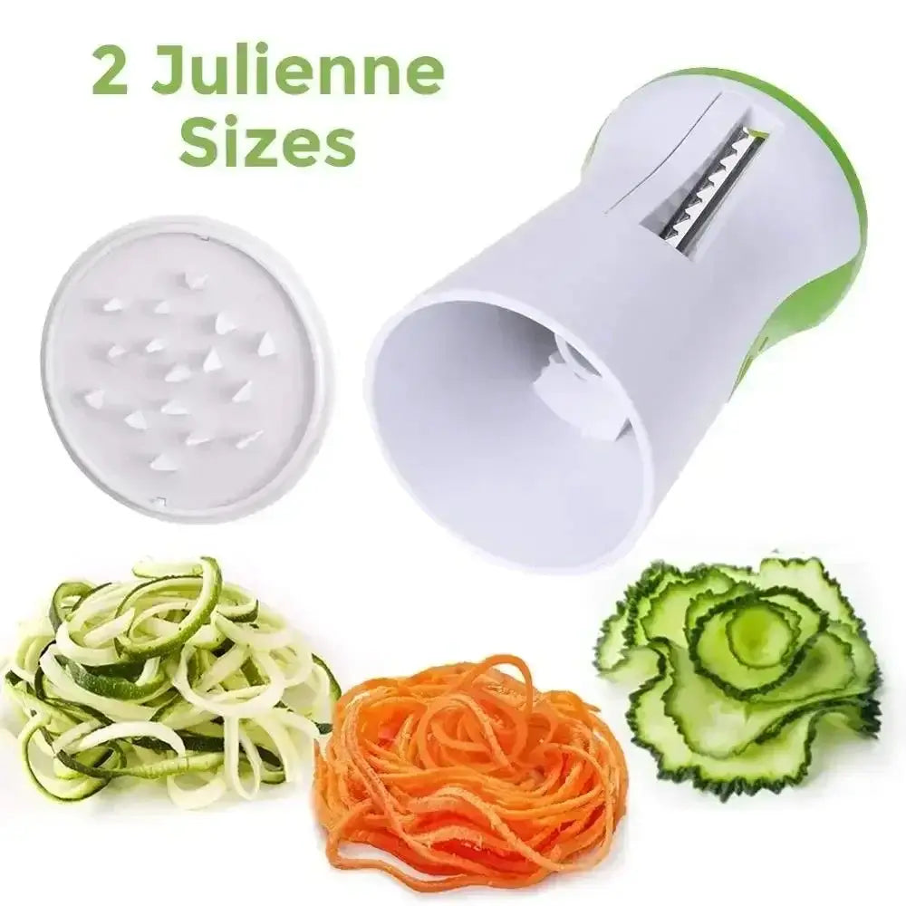 Heavy duty spiralizer vegetable slicer showcasing two julienne sizes, with spiralized cucumber, carrot, and decorative slices.