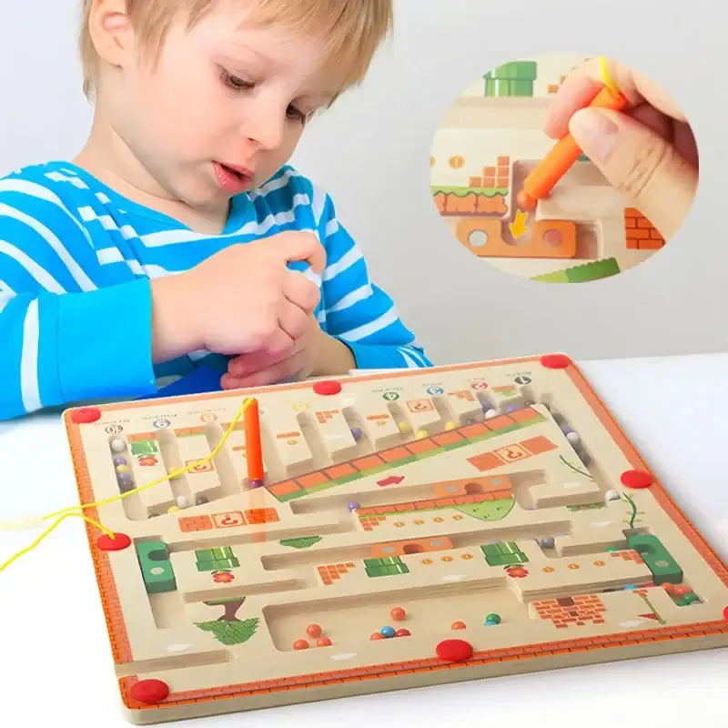 Child playing with wooden magnetic maze toy for color and number learning, Montessori educational gift for children.