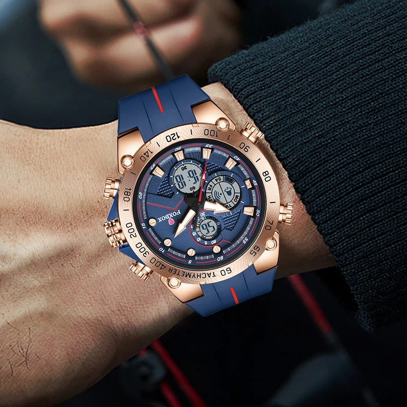 Luxury men's sport watch displayed on a wrist, featuring dual display quartz and digital chronograph design.