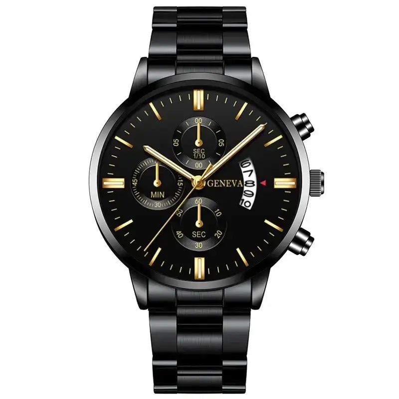 Luxury black stainless steel quartz watch with complete calendar and hardlex dial for men. Stylish and durable design.