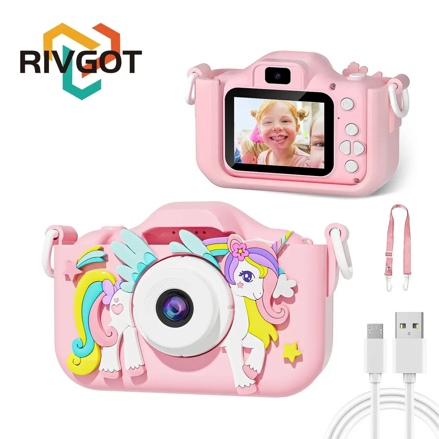 Kids mini camera with cartoon unicorn design, 1080P HD, 2-inch screen, silicone case; ideal birthday gift for girls and boys.