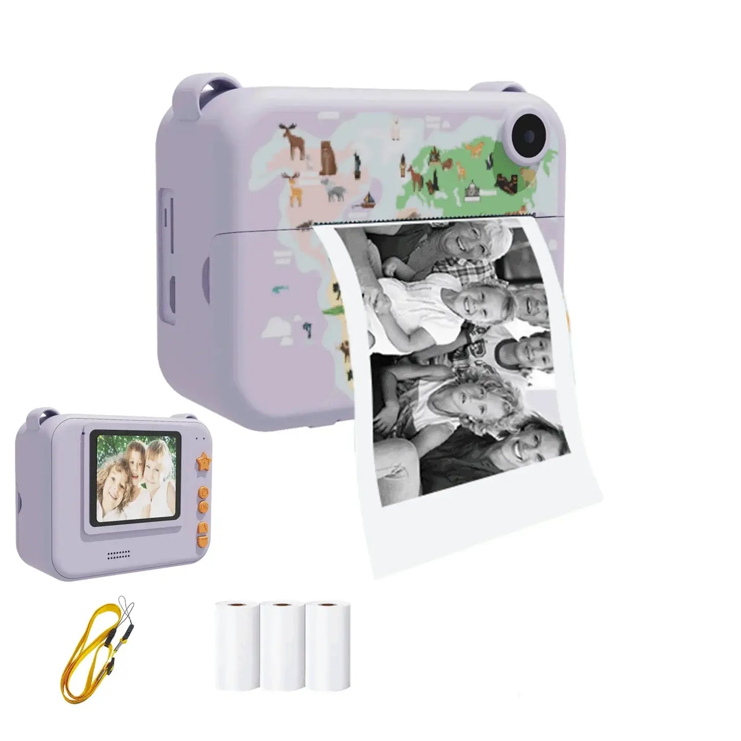 Digital children's camera with instant print feature, mini thermal printer, and photo rolls for capturing memories.