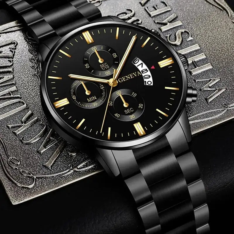 Luxury black stainless steel quartz watch with complete calendar and hardlex dial on an elegant background.