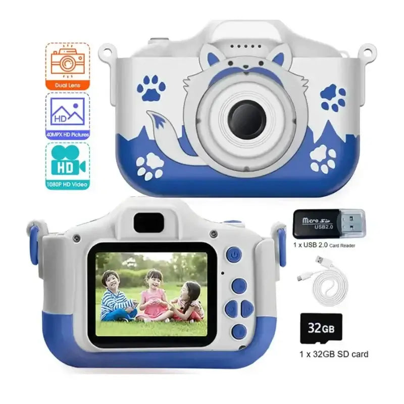HD 1080P kids digital camera with dual lens, 32GB SD card, and built-in game, featuring a fun blue design for children.
