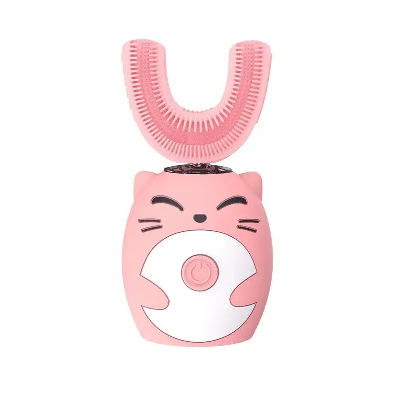 Kids U-shaped Sonic Electric Toothbrush in pink, featuring a cute cartoon design for effective teeth cleaning.