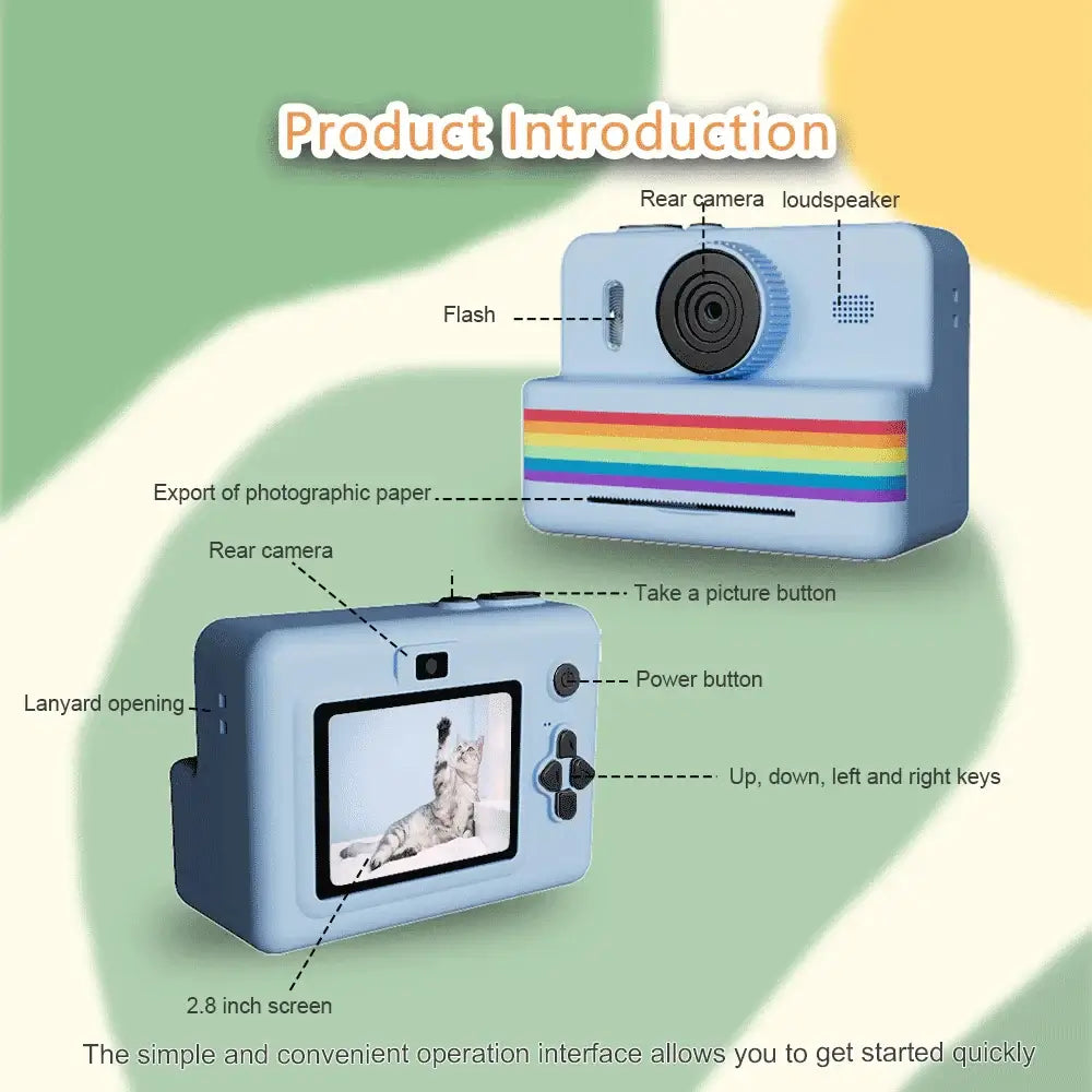 Instant print camera with 2.8-inch screen, showing rear camera, buttons, and colorful stripe design for kids' outdoor fun.