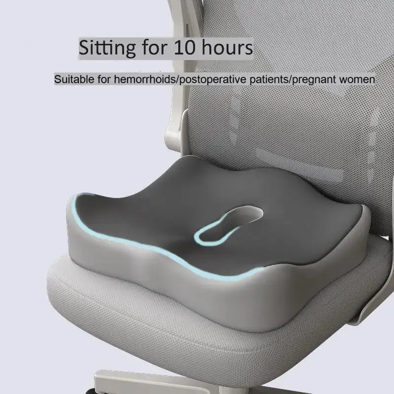 Ergonomic memory foam seat cushion designed for long hours of sitting, ideal for hemorrhoids, post-op recovery, and pregnant women.