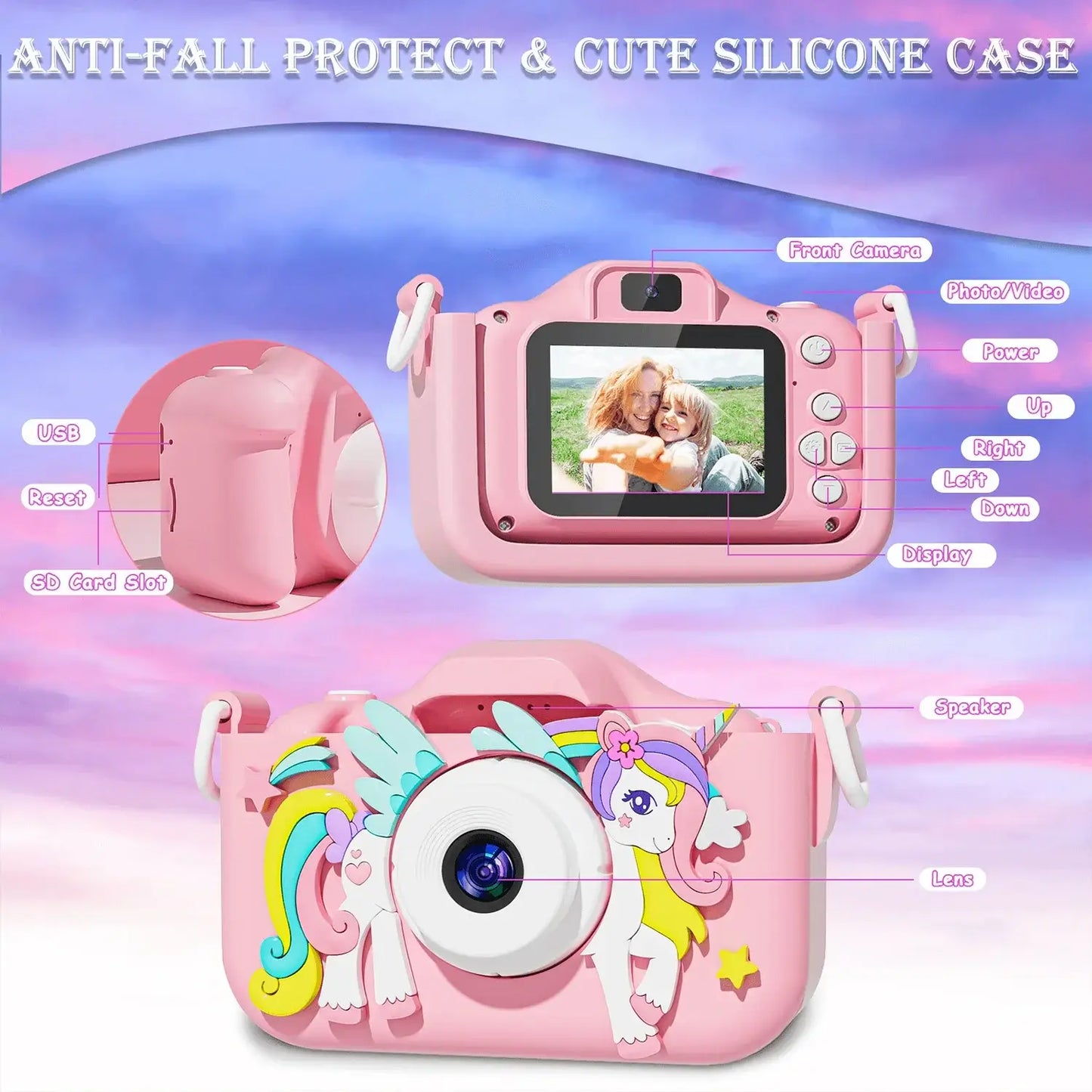 Kids mini camera in pink unicorn design with silicone case, featuring a 2-inch screen and multifunctional buttons for photos and videos.