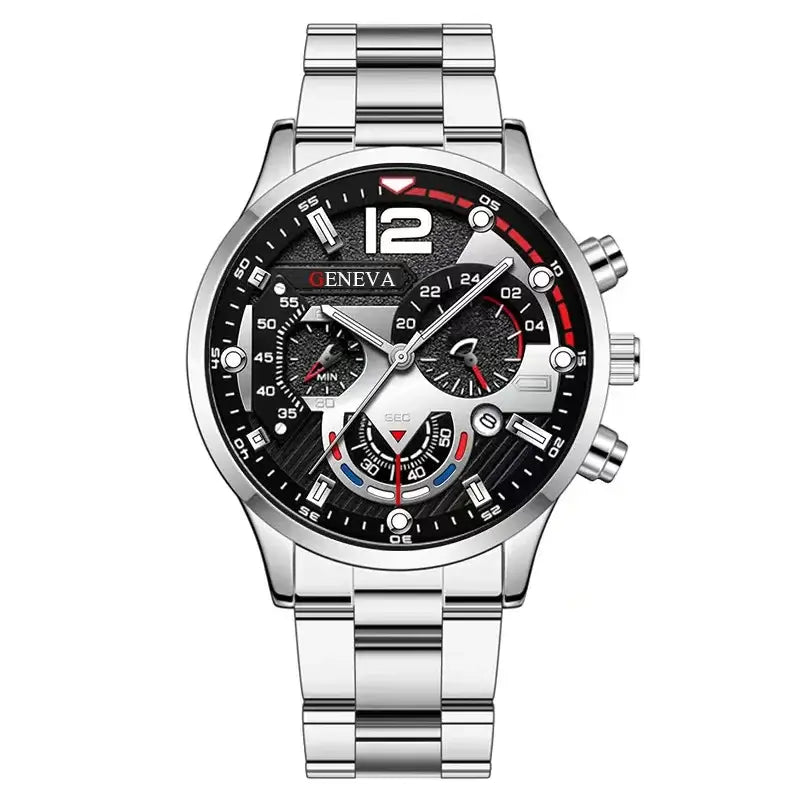 Luxury stainless steel quartz watch for men with chronograph features and a black dial for business wear.