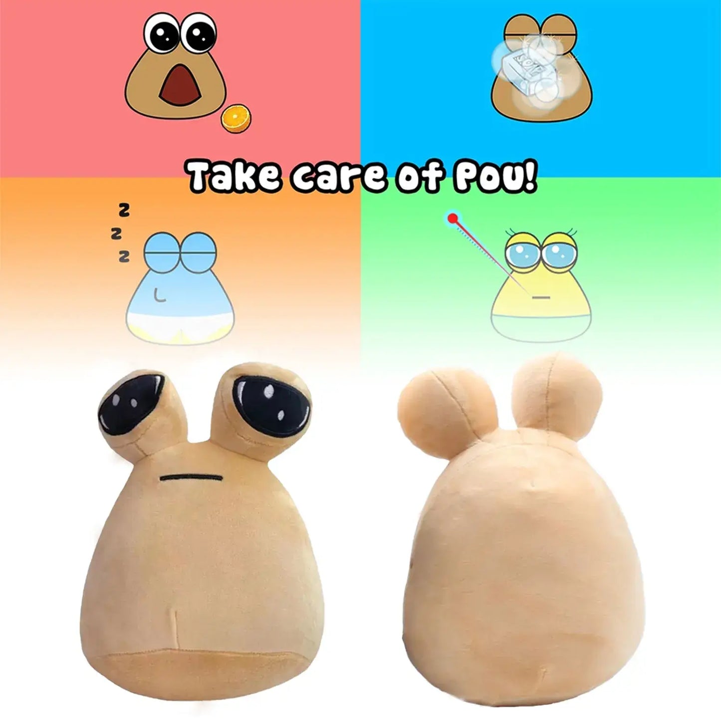 Alien plush toy doll POU with cartoon graphics and "Take care of Pou" text, perfect for kids' cuddle pillow and play.