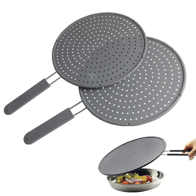 Silicone kitchen splatter screen with handle, featuring heat-resistant oil splash guard and drain board cover for frying pans.