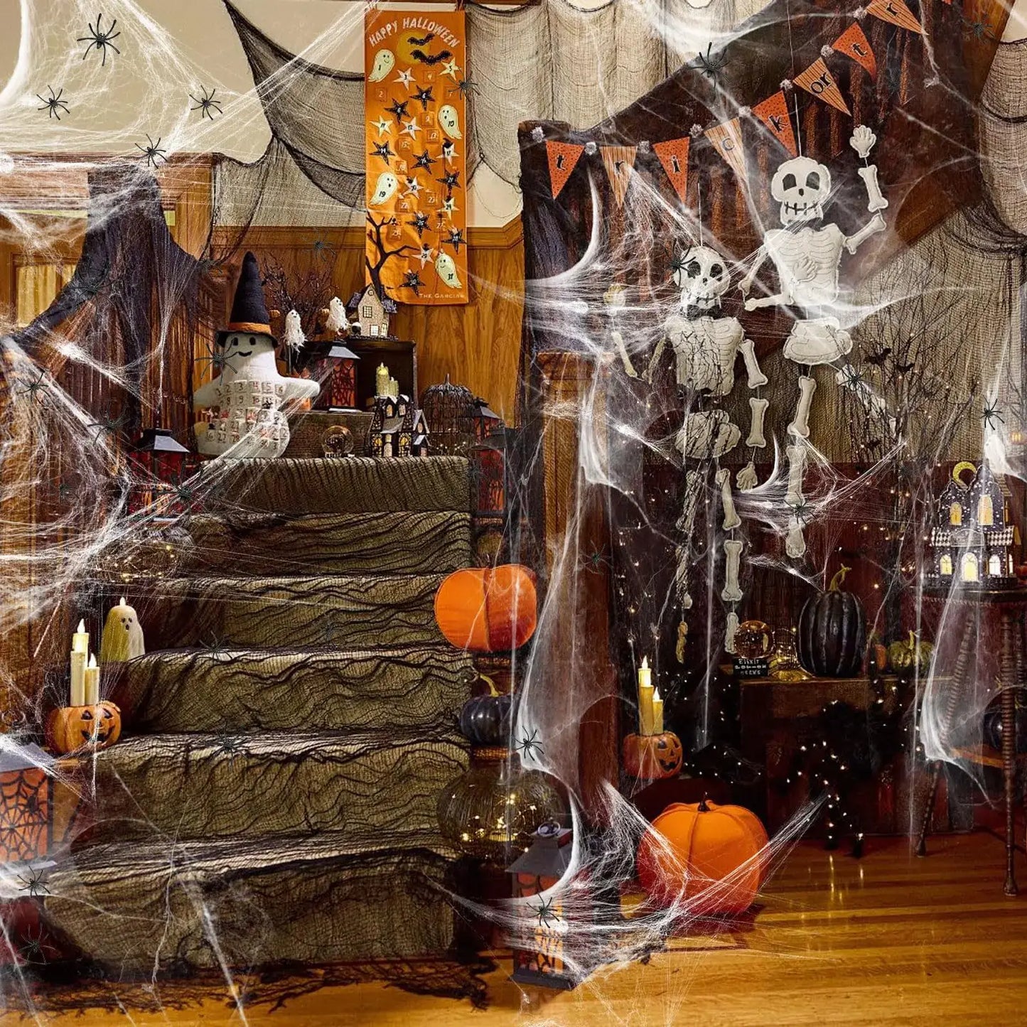 1000 sqft Halloween Spider Webs With 60pcs Spiders Super Stretch Cobwebs Halloween Decorations Indoor and Outdoor Party Supplies