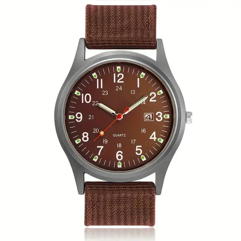 Elegant men's quartz watch with a brown dial, luminous hands, and a durable fabric strap for everyday style.