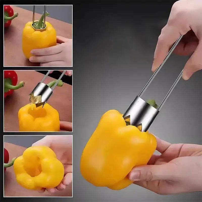 Stainless steel fruit core remover extracting cores from yellow bell pepper, showcasing its versatile kitchen use.