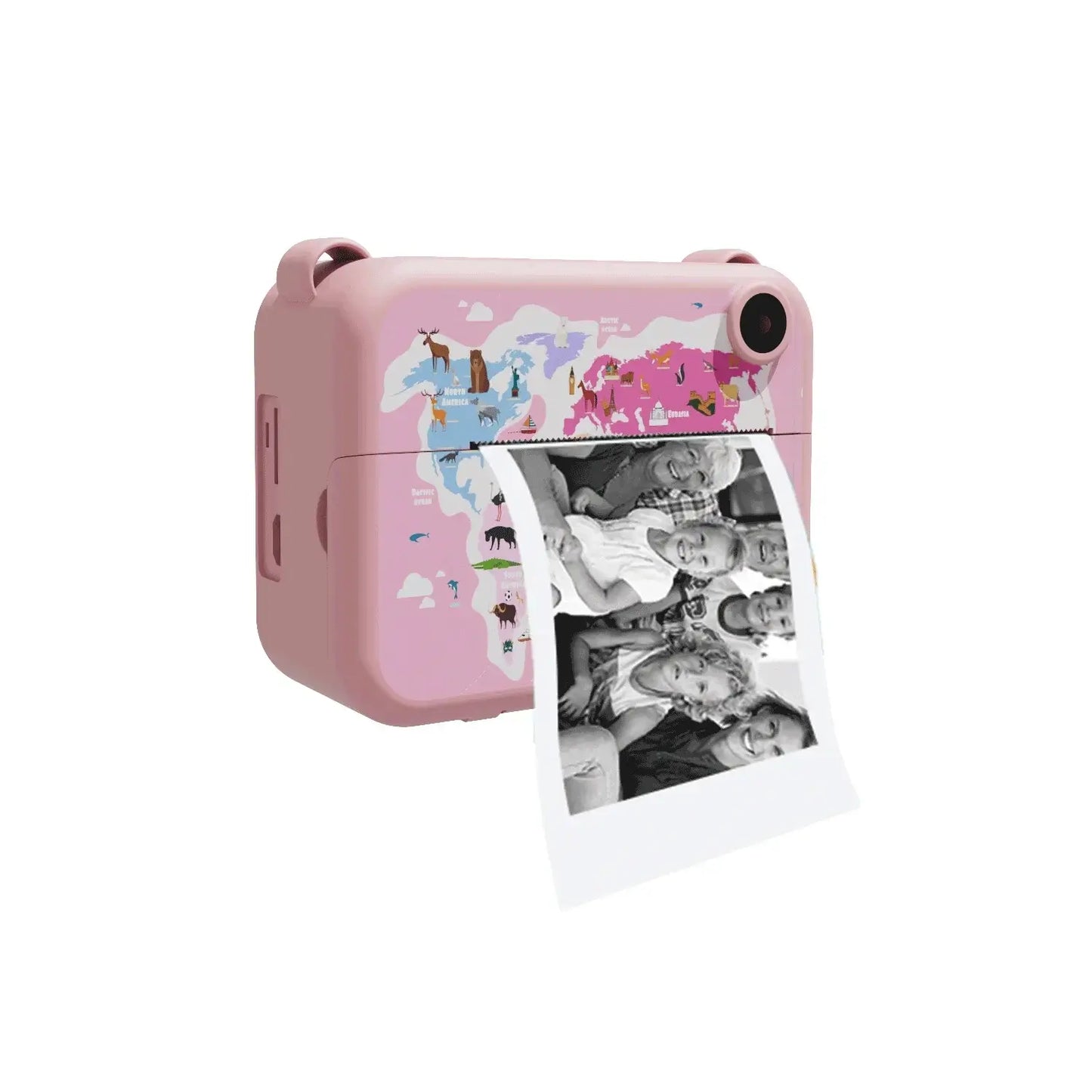 Digital children's camera with world map design, printing black and white photos for kids' memories.
