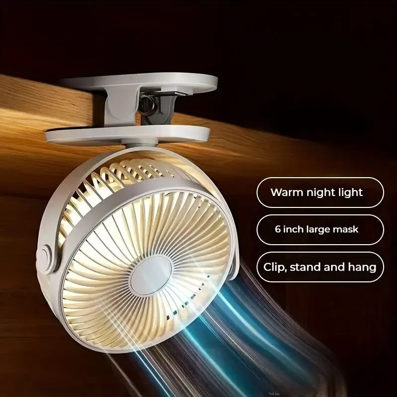 360° rotatable clip-on table fan with warm night light, 6-inch design for clip, stand, hang productivity.