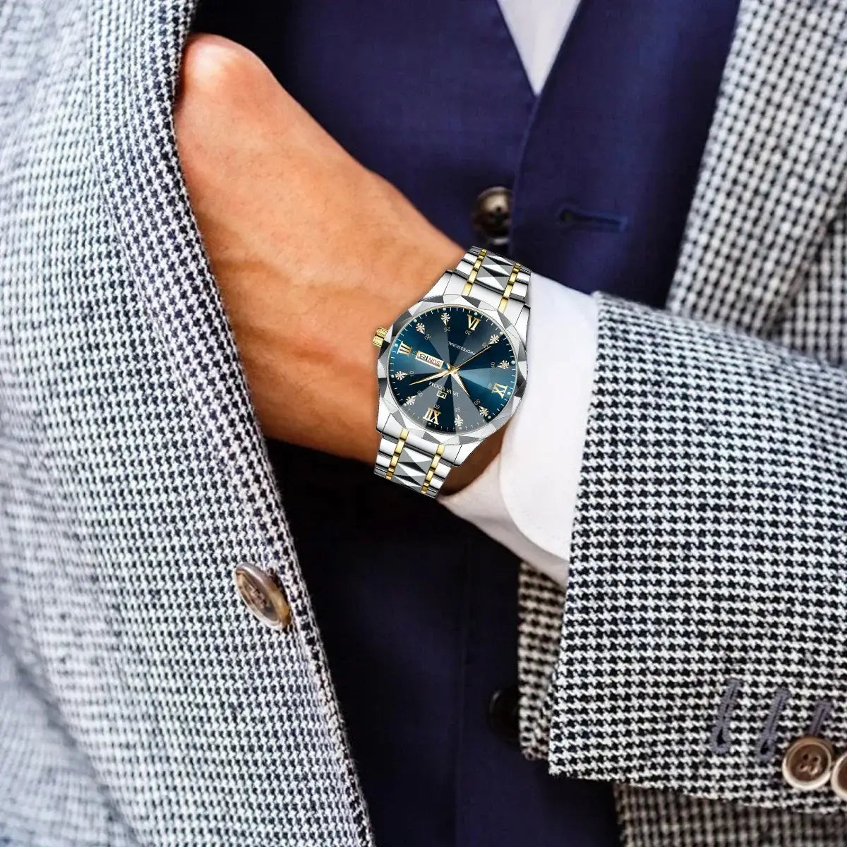 Luxury blue and gold men's watch with diamond accents, perfect for business attire and night events.